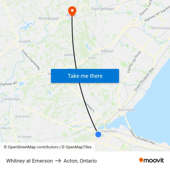 Whitney at Emerson to Acton, Ontario map