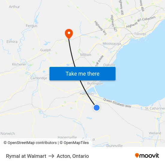 Rymal at Walmart to Acton, Ontario map