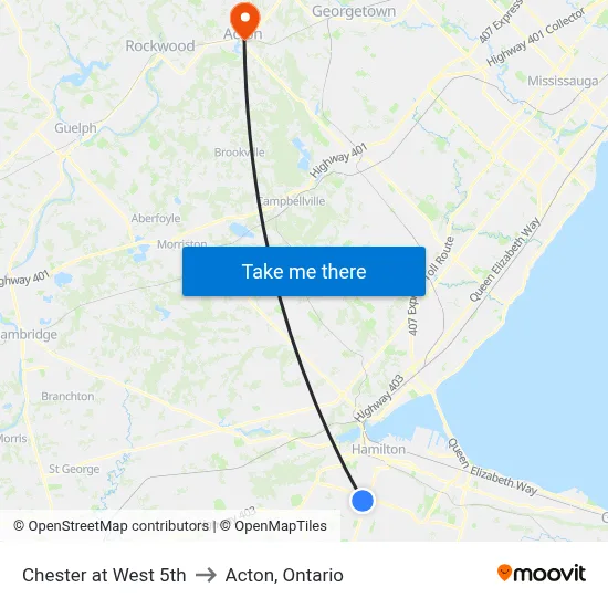 Chester at West 5th to Acton, Ontario map