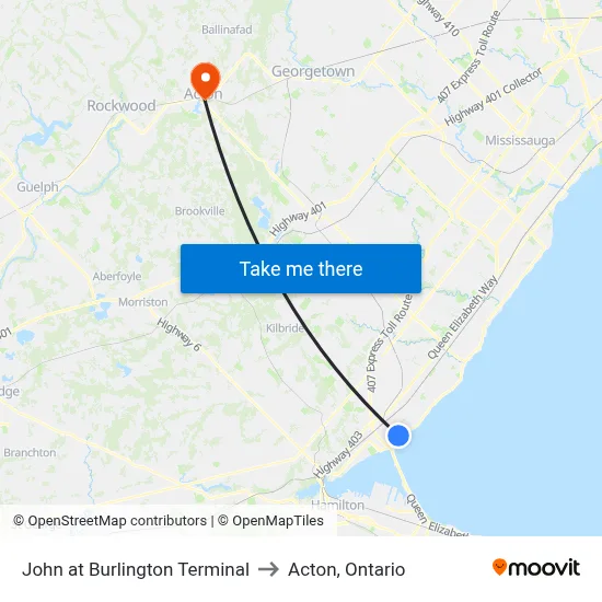John at Burlington Terminal to Acton, Ontario map