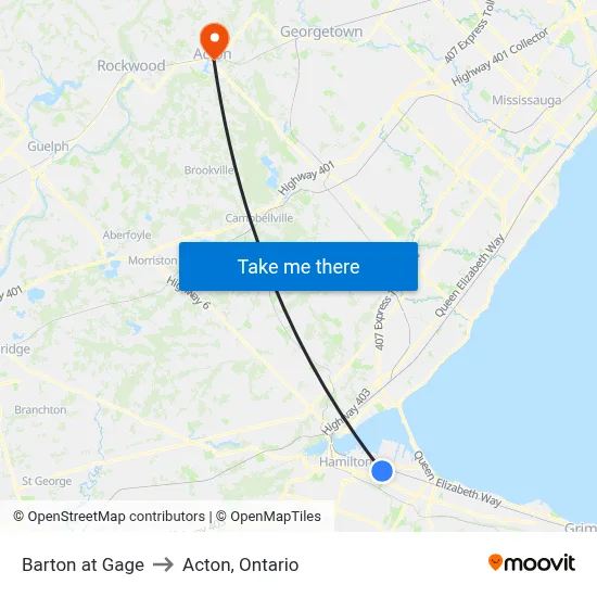 Barton at Gage to Acton, Ontario map