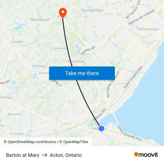 Barton at Mary to Acton, Ontario map