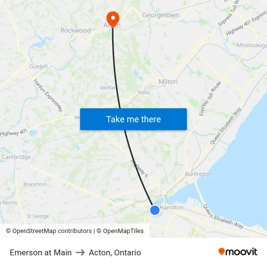 Emerson at Main to Acton, Ontario map