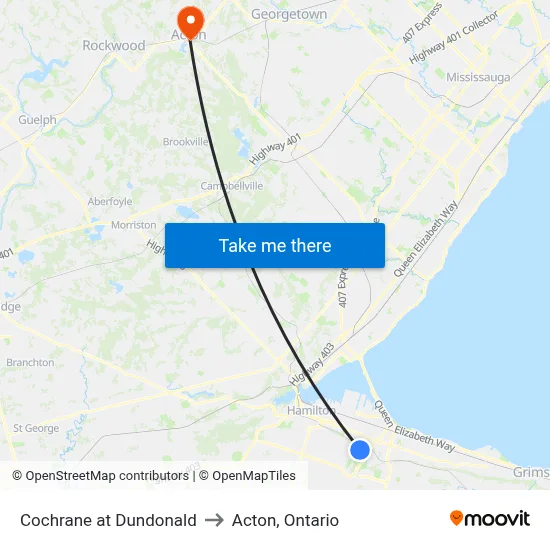 Cochrane at Dundonald to Acton, Ontario map