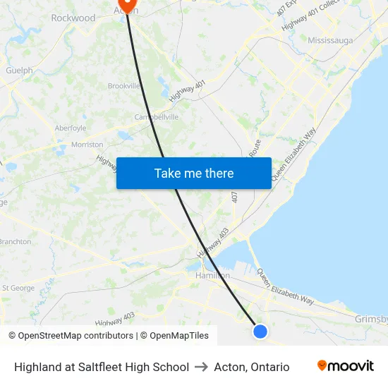 Highland at Saltfleet High School to Acton, Ontario map