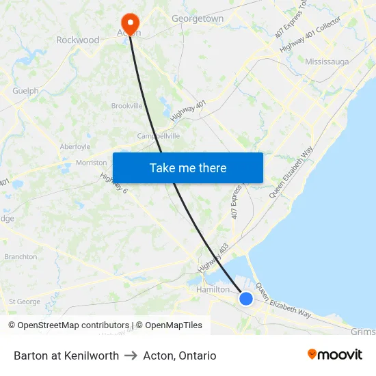 Barton at Kenilworth to Acton, Ontario map