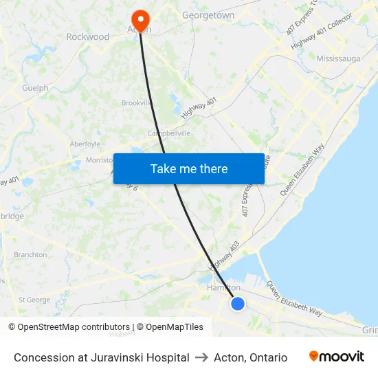 Concession at Juravinski Hospital to Acton, Ontario map