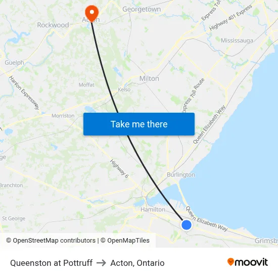 Queenston at Pottruff to Acton, Ontario map