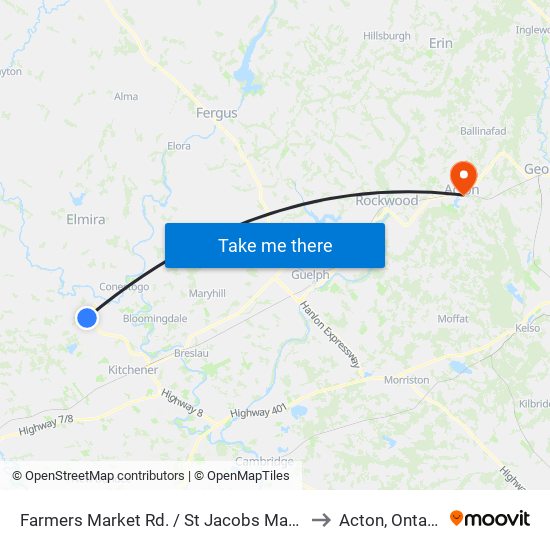 Farmers Market Rd. / St Jacobs Market to Acton, Ontario map