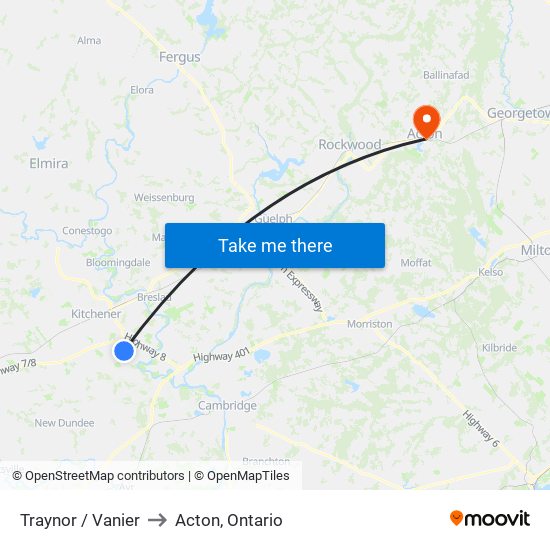 Traynor / Vanier to Acton, Ontario map