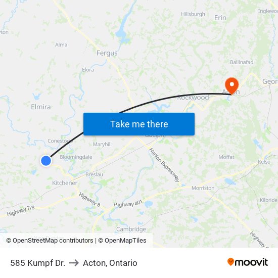 585 Kumpf Dr. to Acton, Ontario map