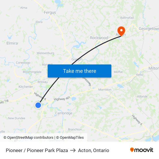 Pioneer / Pioneer Park Plaza to Acton, Ontario map