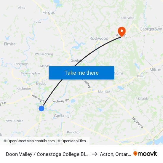 Doon Valley / Conestoga College Blvd. to Acton, Ontario map