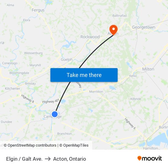 Elgin / Galt Ave. to Acton, Ontario map