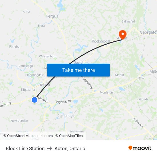 Block Line Station to Acton, Ontario map