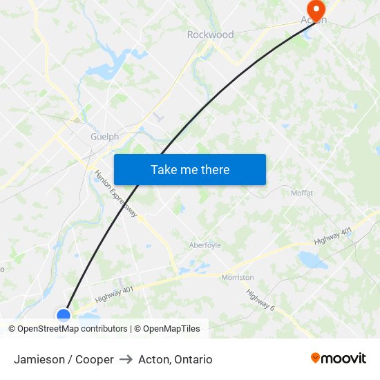 Jamieson / Cooper to Acton, Ontario map