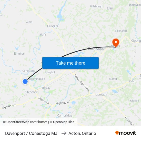 Davenport / Conestoga Mall to Acton, Ontario map