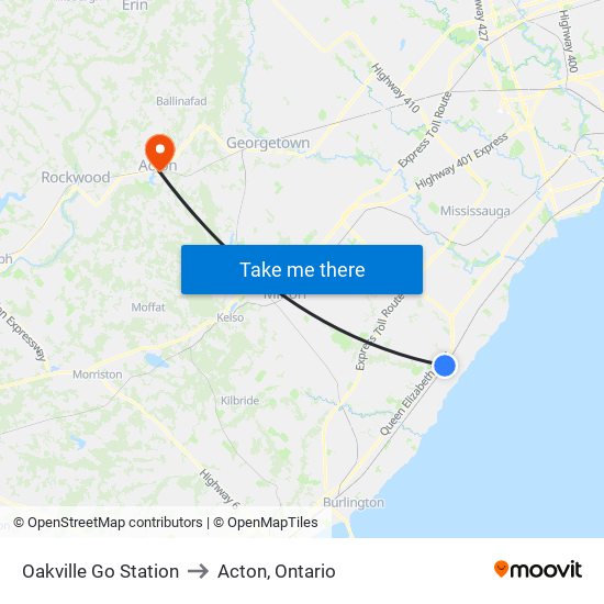 Oakville Go Station to Acton, Ontario map