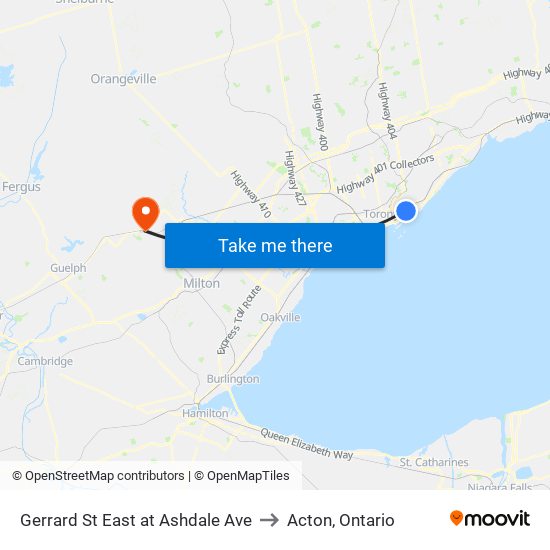 Gerrard St East at Ashdale Ave to Acton, Ontario map