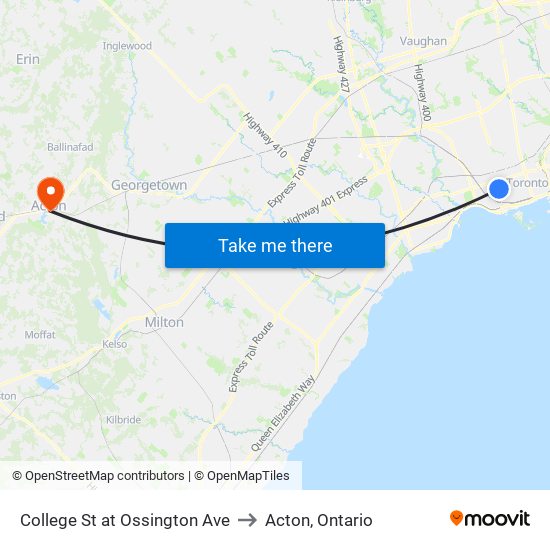 College St at Ossington Ave to Acton, Ontario map