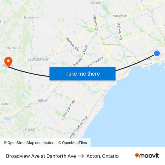 Broadview Ave at Danforth Ave to Acton, Ontario map