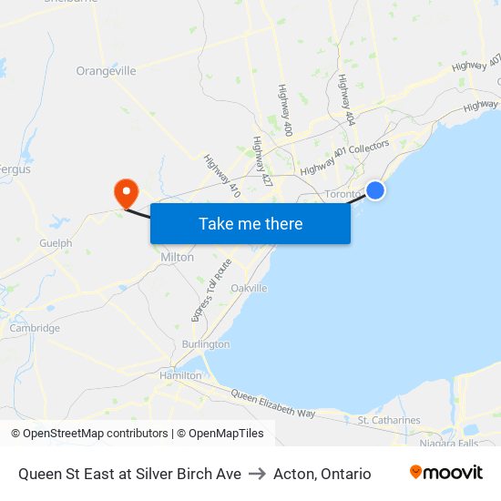 Queen St East at Silver Birch Ave to Acton, Ontario map