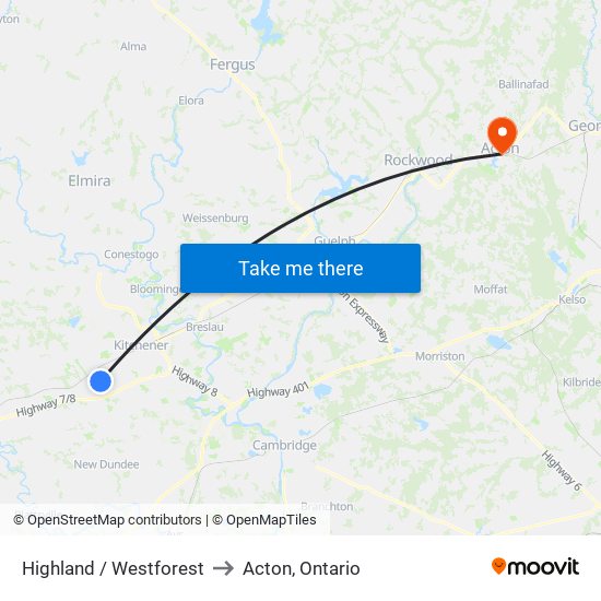 Highland / Westforest to Acton, Ontario map