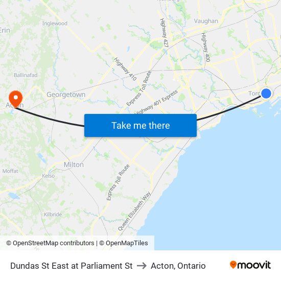 Dundas St East at Parliament St to Acton, Ontario map