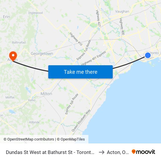 Dundas St West at Bathurst St - Toronto Western Hospital to Acton, Ontario map