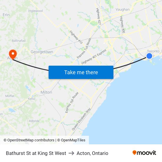 Bathurst St at King St West to Acton, Ontario map