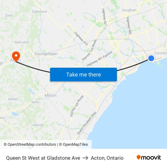 Queen St West at Gladstone Ave to Acton, Ontario map