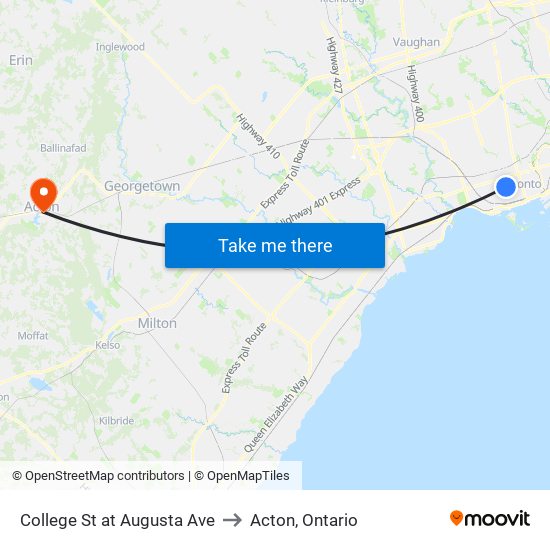College St at Augusta Ave to Acton, Ontario map