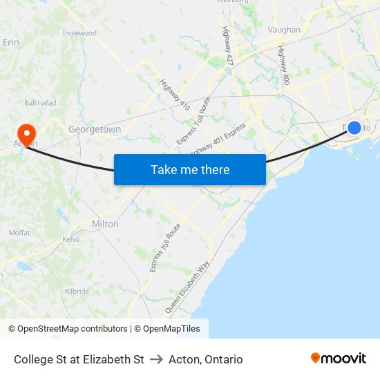 College St at Elizabeth St to Acton, Ontario map