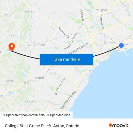 College St at Grace St to Acton, Ontario map