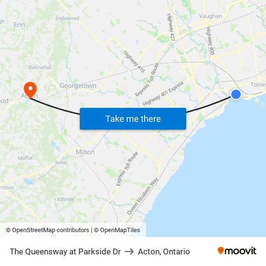 The Queensway at Parkside Dr to Acton, Ontario map