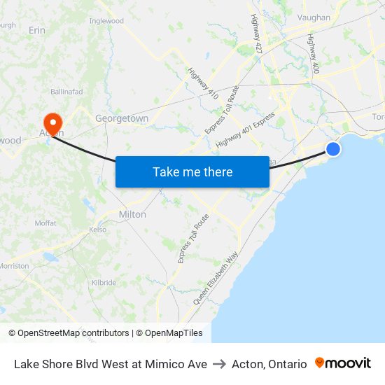 Lake Shore Blvd West at Mimico Ave to Acton, Ontario map