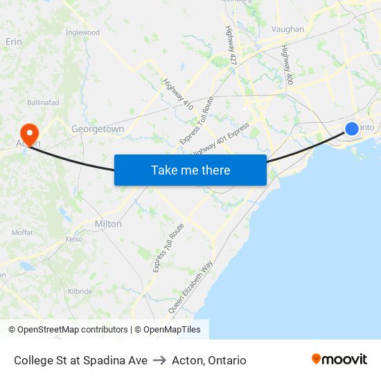 College St at Spadina Ave to Acton, Ontario map
