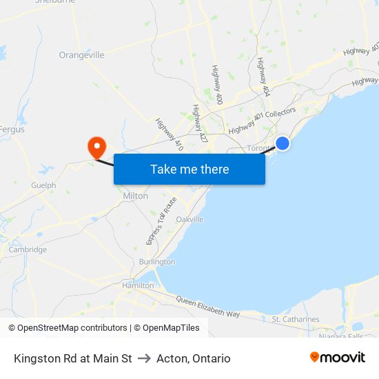 Kingston Rd at Main St to Acton, Ontario map
