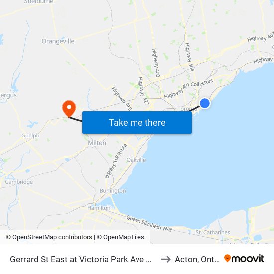 Gerrard St East at Victoria Park Ave West Side to Acton, Ontario map