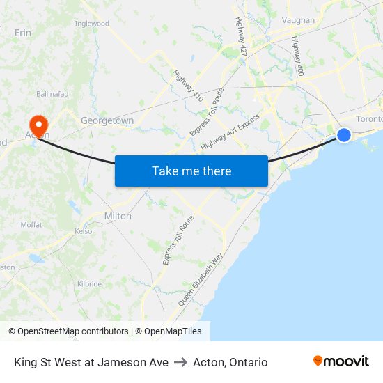 King St West at Jameson Ave to Acton, Ontario map