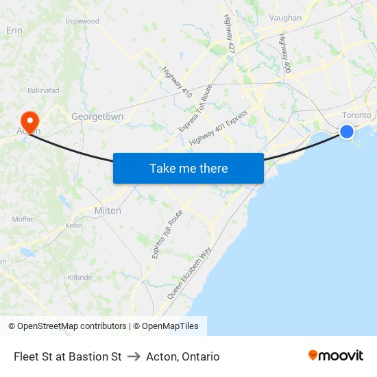 Fleet St at Bastion St to Acton, Ontario map