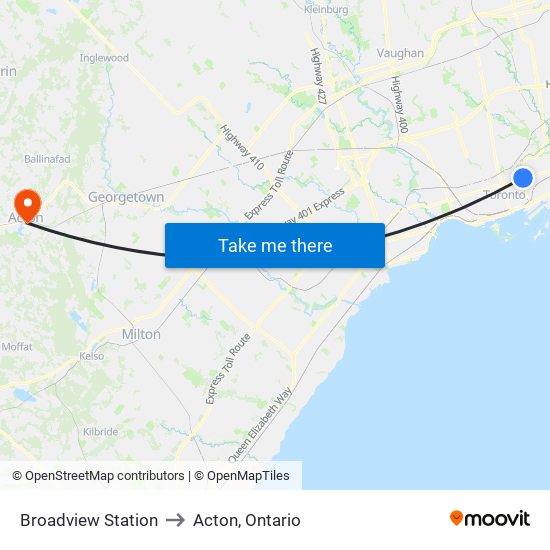 Broadview Station to Acton, Ontario map