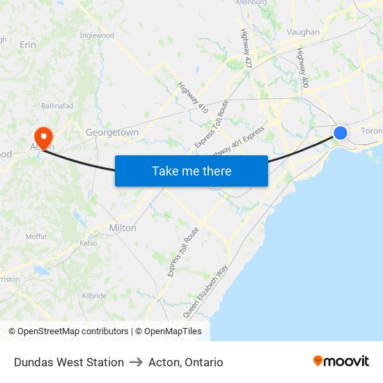 Dundas West Station to Acton, Ontario map