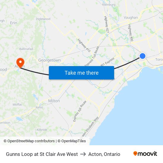 Gunns Loop at St Clair Ave West to Acton, Ontario map