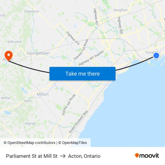 Parliament St at Mill St to Acton, Ontario map