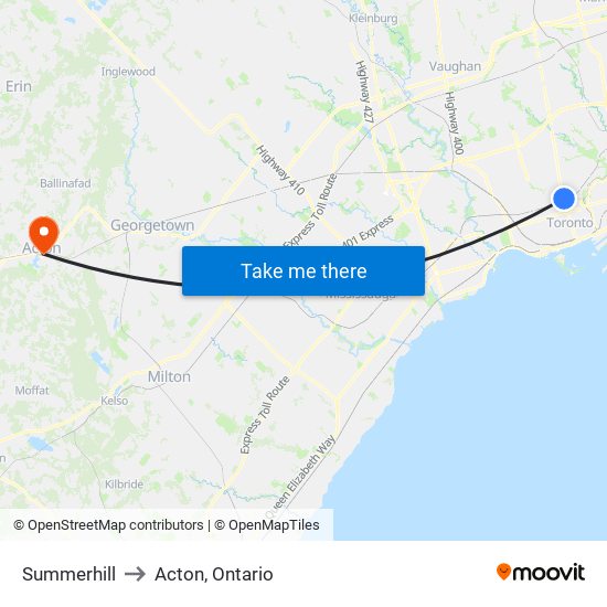 Summerhill to Acton, Ontario map