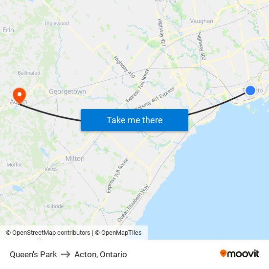 Queen's Park to Acton, Ontario map