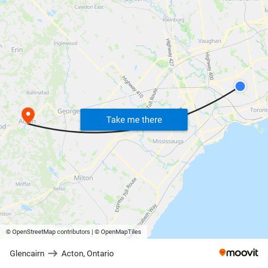 Glencairn to Acton, Ontario map