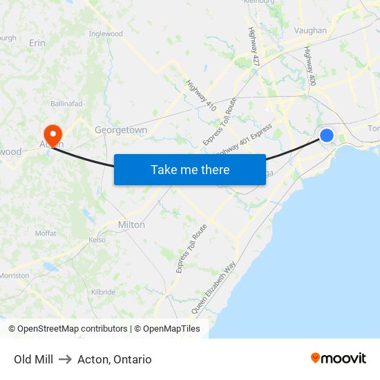 Old Mill to Acton, Ontario map