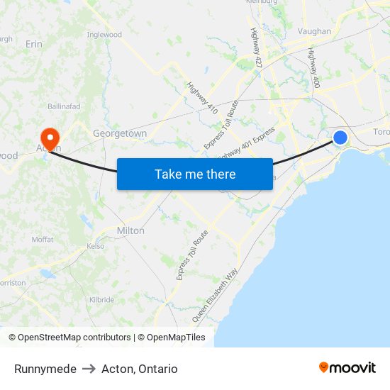 Runnymede to Acton, Ontario map